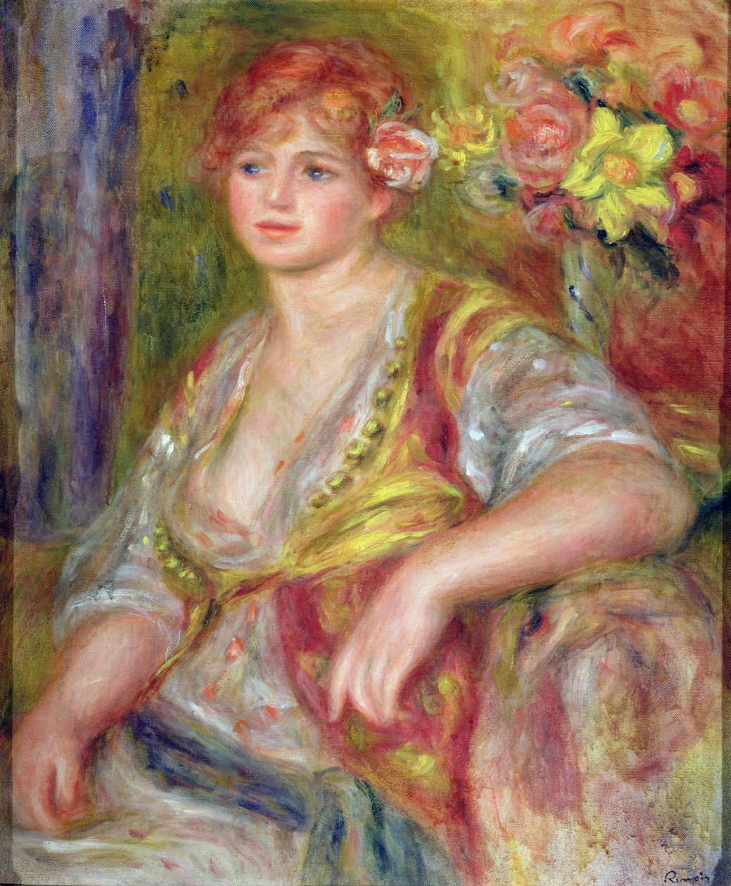 有玫瑰的白肤金发的妇女，c.1915-17 作者 皮埃尔·奥古斯特·雷诺阿