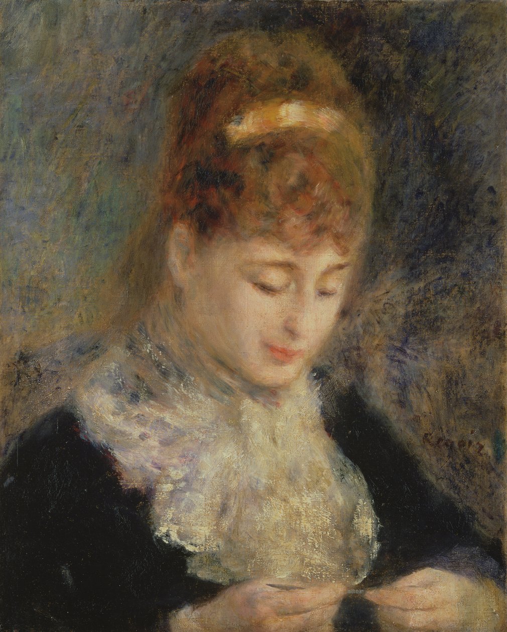 女人Crocheting，c.1877 作者 皮埃尔·奥古斯特·雷诺阿