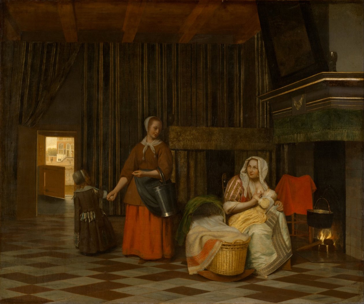 妇女和孩子与服务女佣 作者 彼得·霍克（Pieter de Hooch）