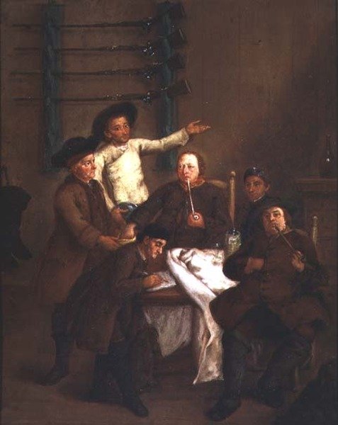 猎人们在画数字（板面油画） 作者 彼得·隆吉（Pietro Longhi）