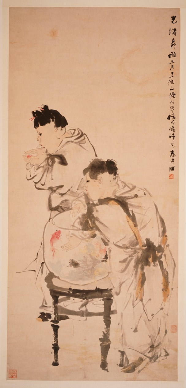两个男孩玩金鱼，1879年 作者 任义