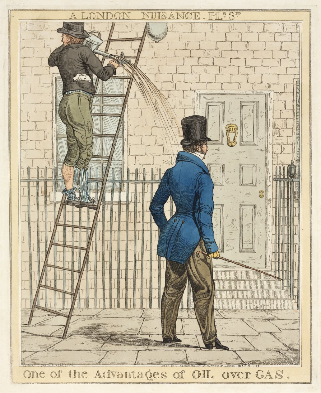 石油天然气的优势之一，来自A London Nuisance的板3，1821年（手工彩色蚀刻） 作者 理查德·邓顿