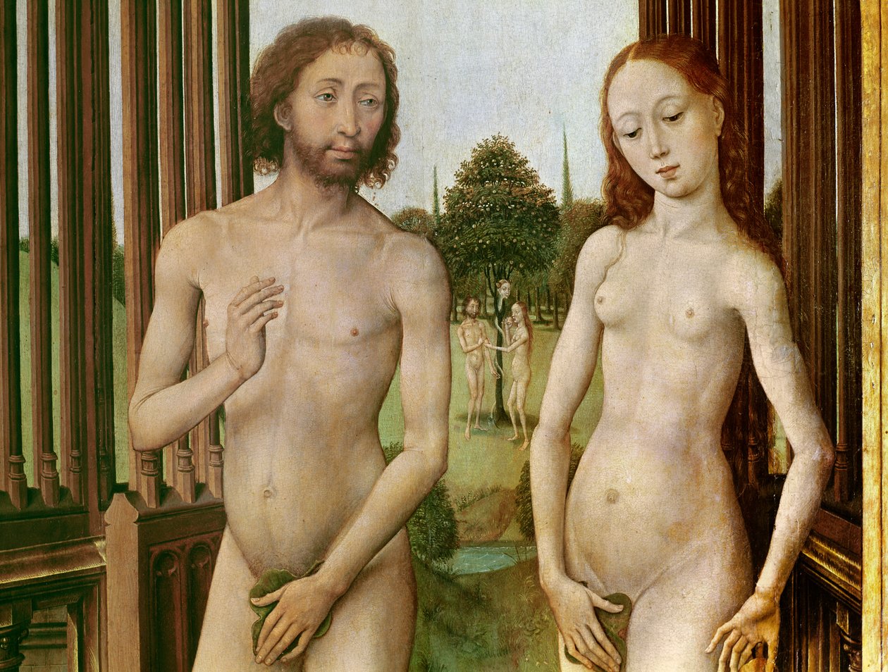 救赎的三联画，左侧小组：亚当和夏娃追逐天堂，1455-59（石油上） 作者 罗吉尔·范·德·韦登