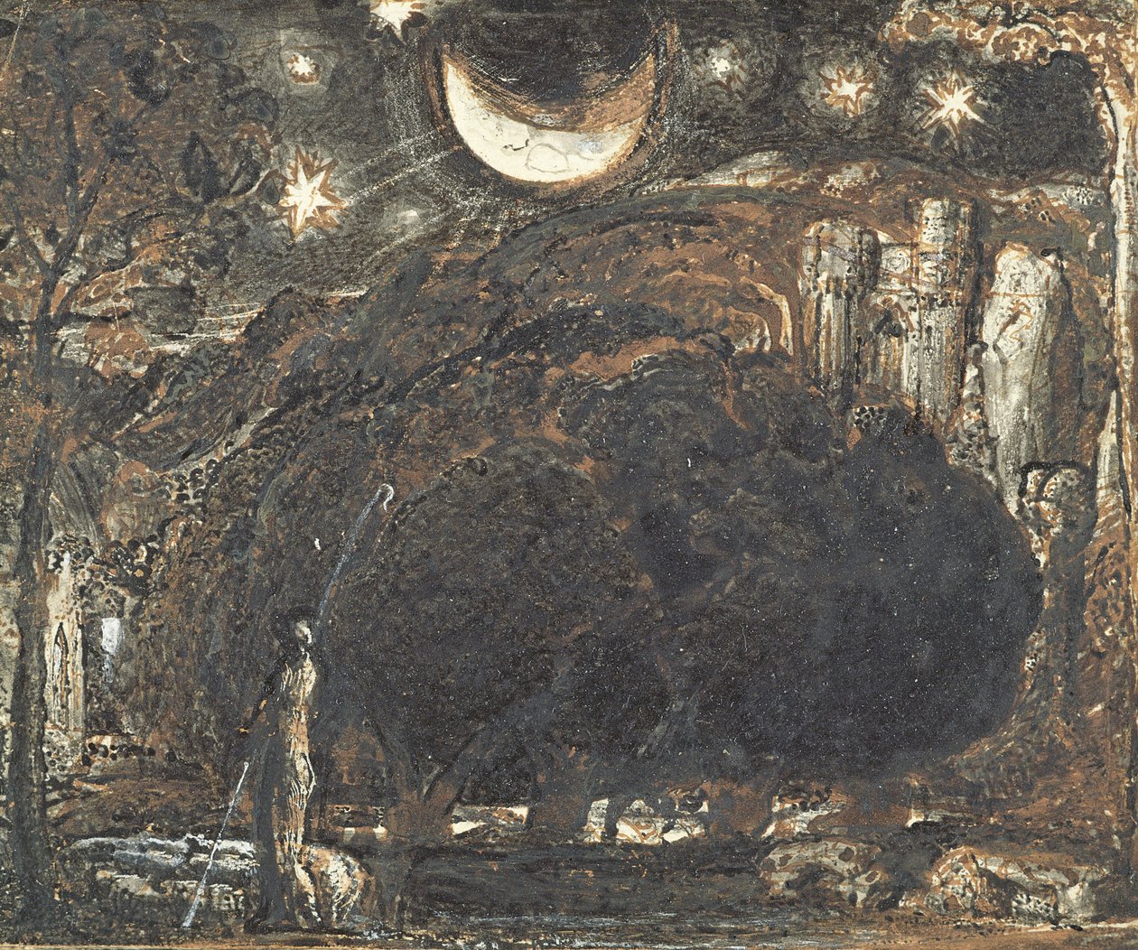 一个牧羊人和他在月亮和星星下的羊群，c.1827（笔和墨水在纸上洗） 作者 塞缪尔·帕尔默（Samuel Palmer）