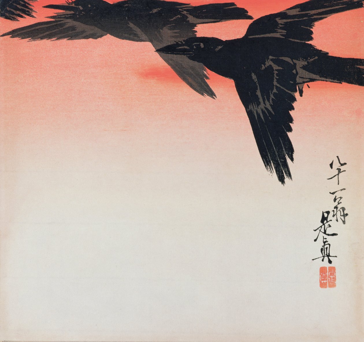 乌鸦在飞行中在红色天空 作者 Shibata Zeshin