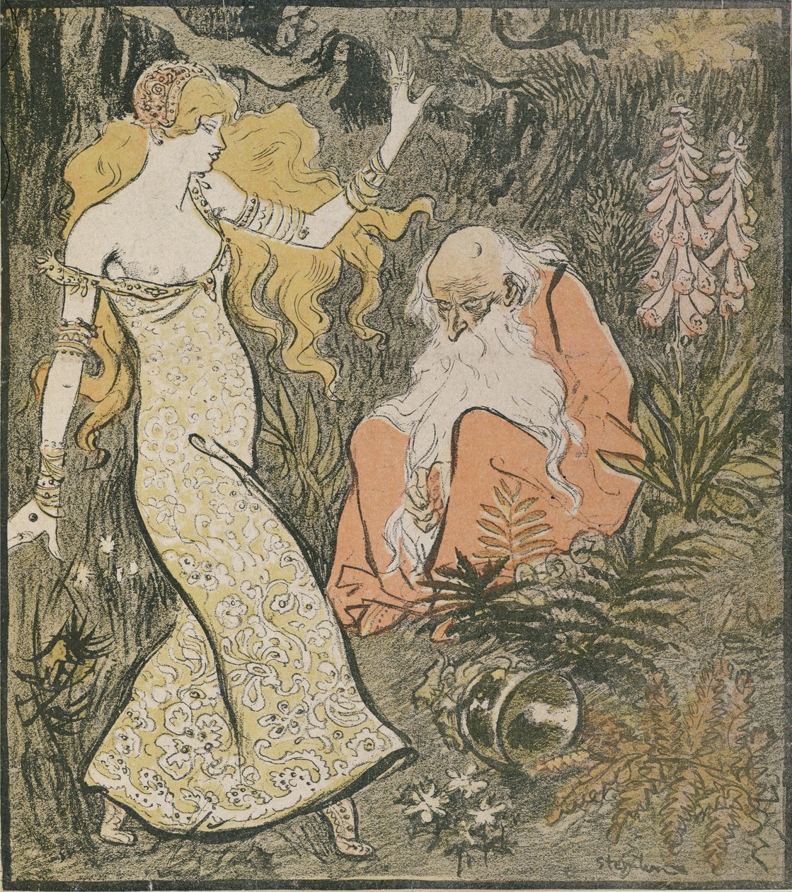 Broceliande森林中的Enchanter Merlin和Fairy Vivien，来自Jean Lorrain（1855-1906）的戏剧“Broceliande” 作者 西奥菲勒·亚历山大·斯坦伦