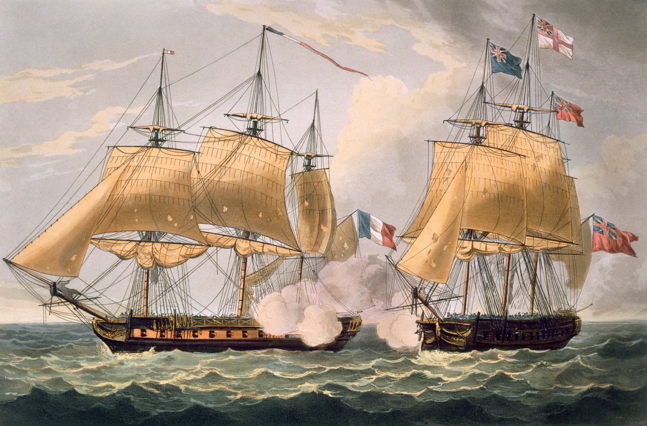 1814年2月26日，La Clorinde的捕获，由Thomas Sutherland为J. Jenkins的“海军成就”，1816年（彩色雕刻）雕刻而成 作者 托马斯·惠特科姆
