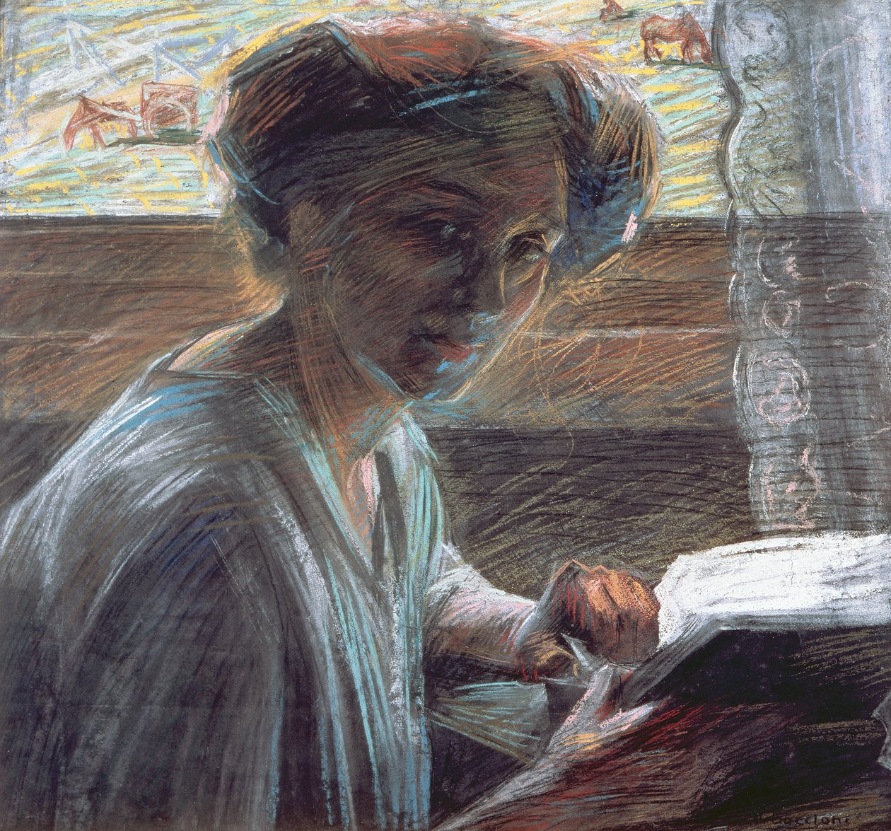 女人读书，1909年 作者 翁贝托·博西奥尼（Umberto Boccioni）