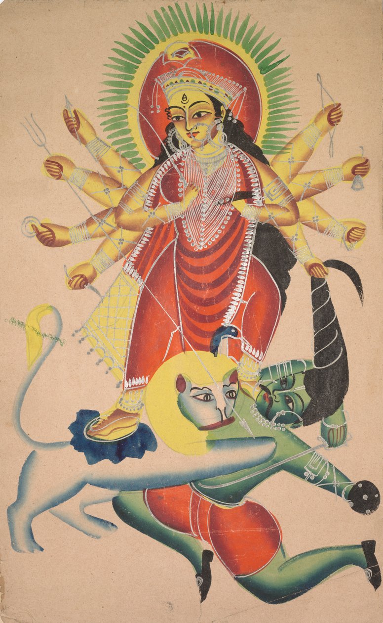 杜尔加（Durga）杀死恶魔Mahisha，1800年代。 作者 不明