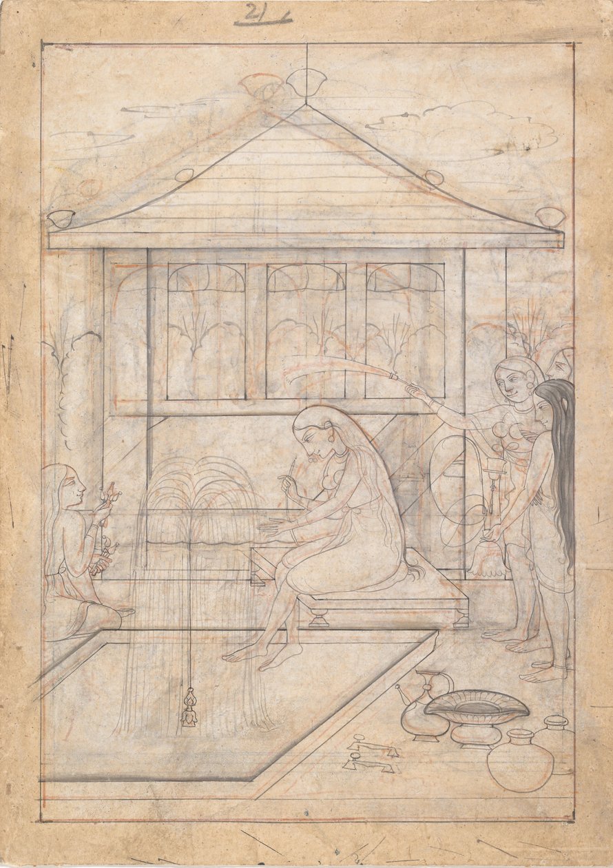 准备吸食水烟的女士，约1790年。 作者 不明