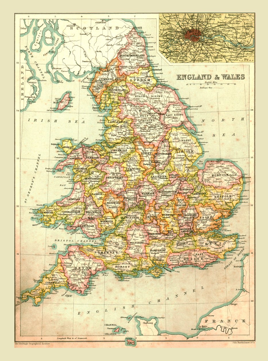 英格兰和威尔士地图，1902年。 作者 不明
