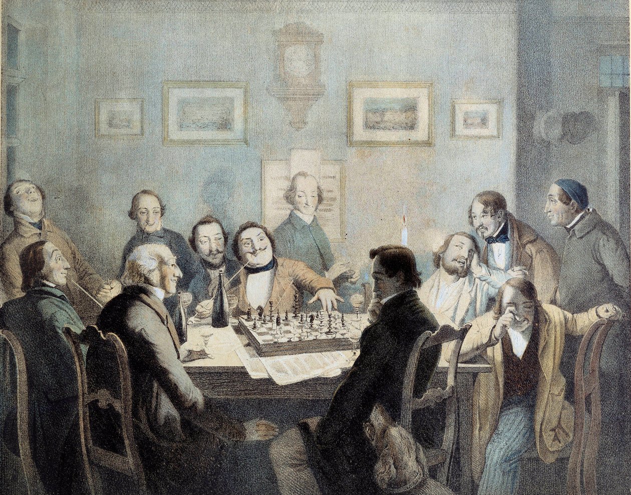 19 世纪的棋手石版画。 作者 未知艺术家