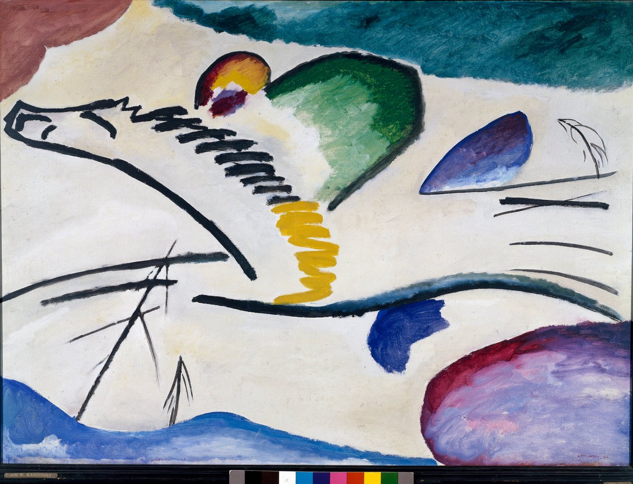 讽刺（Pointed Silence）绘画由Vassily Kandinsky（或Wassily Kandinski或Kandinskij，1866-1944）。 1911年昏暗。 94x130 cm Rotterdam，Museum Boymans-Van Beuningen博物馆 作者 瓦西里·康定斯基