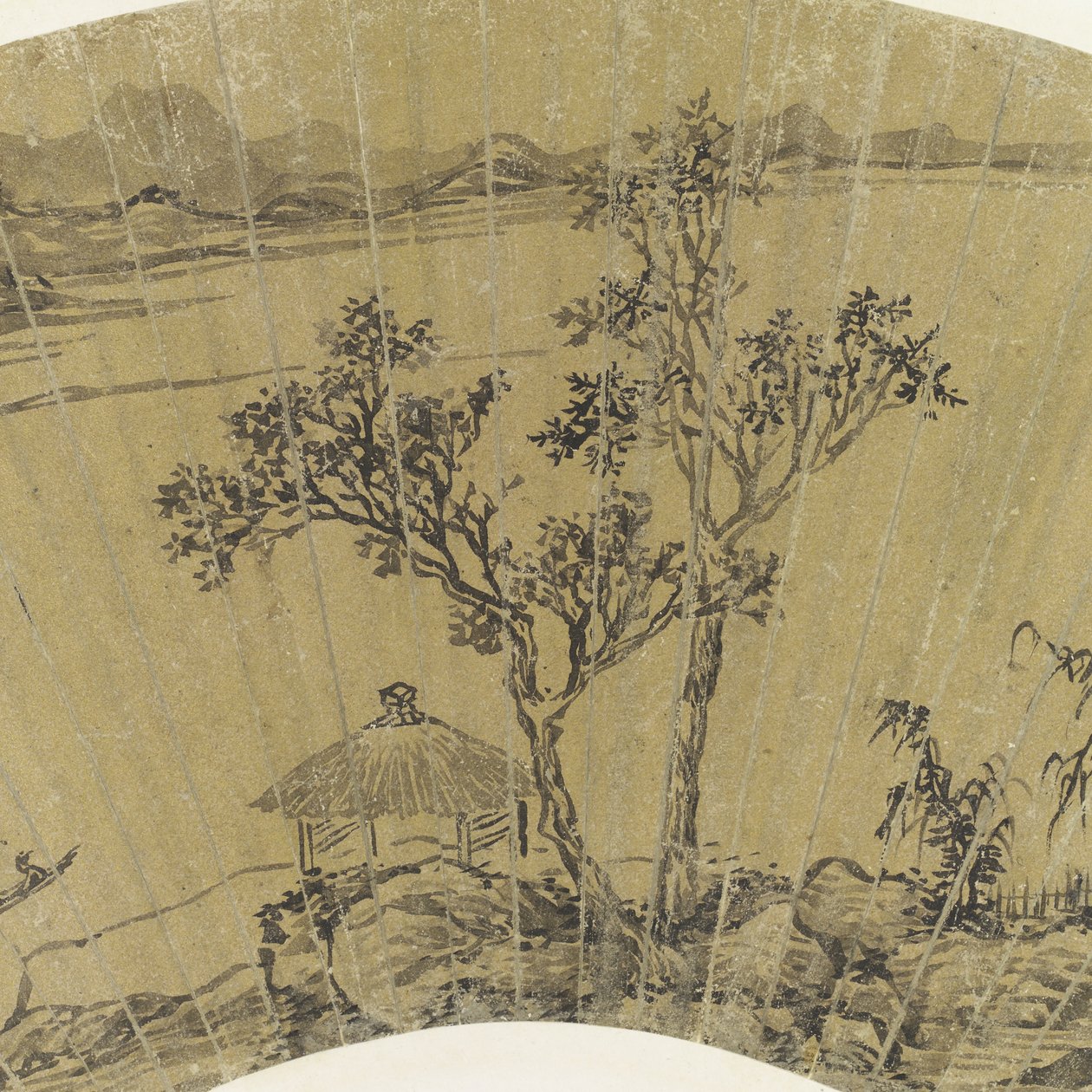 风景细节与湖和三条小船的在金纸黏附 作者 文征明