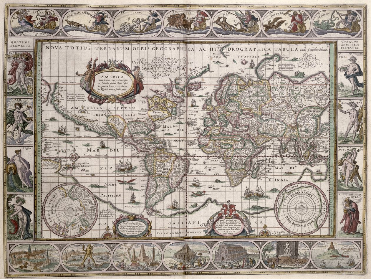 世界地图，来自“世界剧院”或“新地图集”，1645年 作者 威廉·詹松·布劳