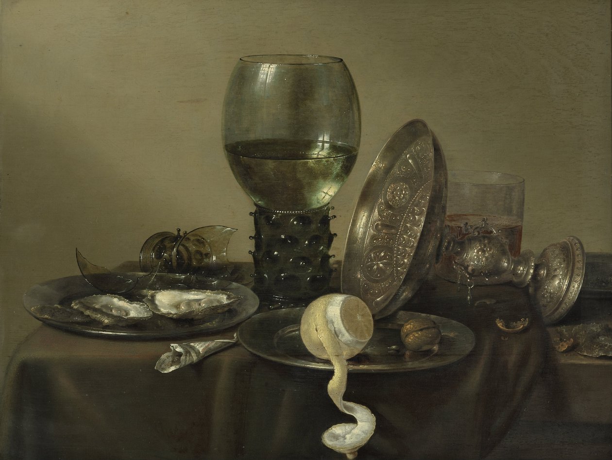 静物与牡蛎，朗姆酒，柠檬和银碗 作者 威廉·克拉斯（Willem Claesz）。赫达