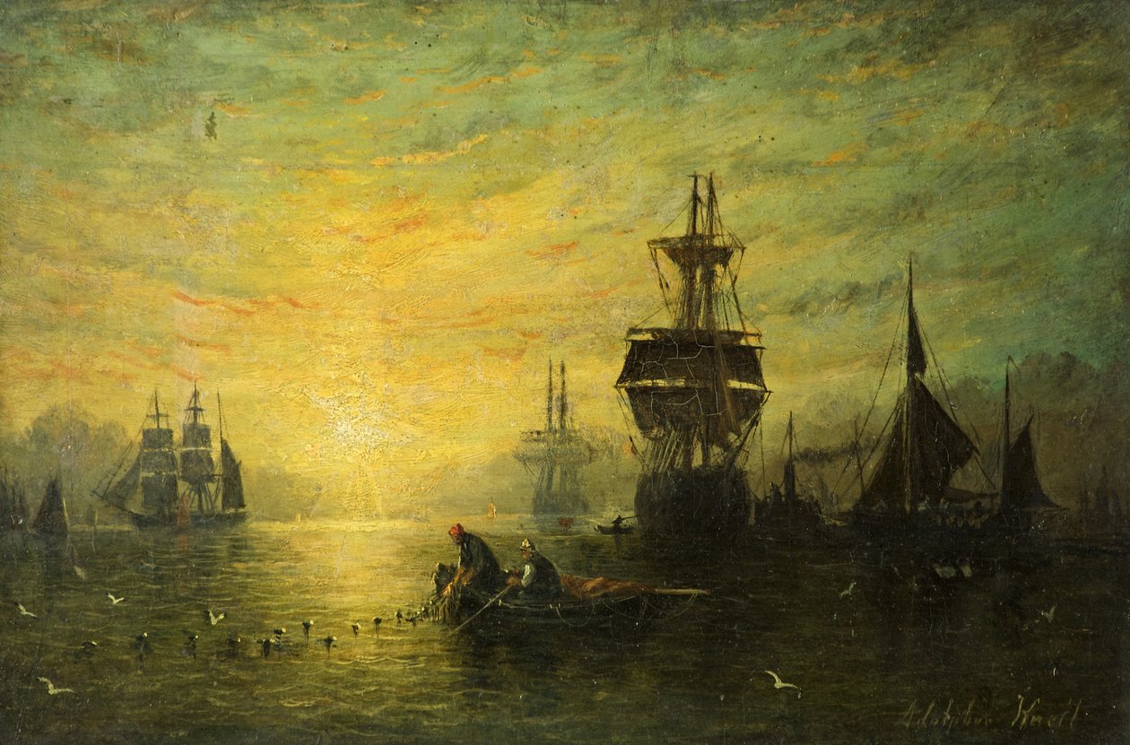 与小船的日落，1875年 作者 威廉·阿道夫·克奈尔