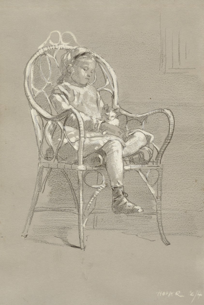 儿童坐在藤椅上，1874年 作者 温斯洛·荷马