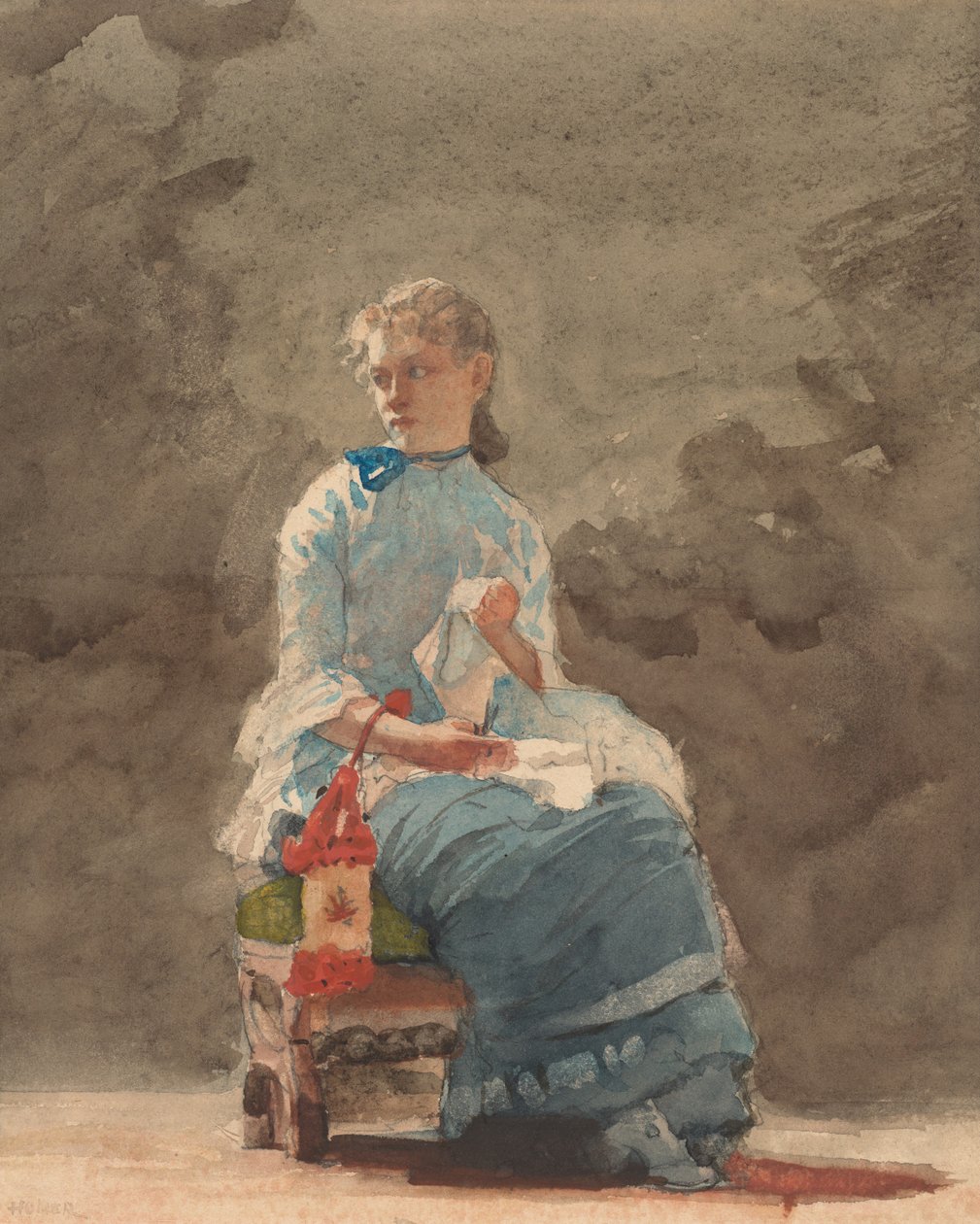 缝纫的年轻女子，1876年。 作者 温斯洛·荷马