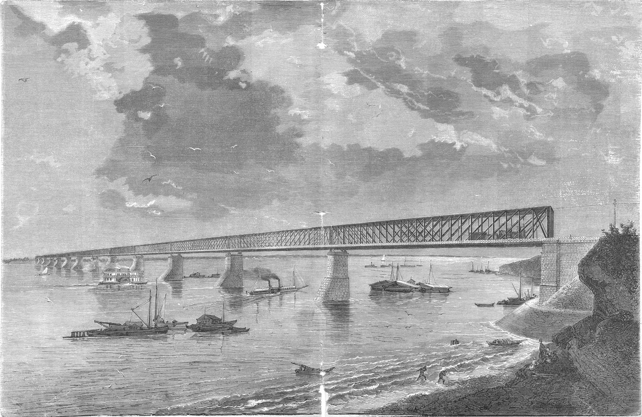 Syzranskiy Bridge（Alexandrowskiy桥）于1880年开放后 作者 M. Rashevskiy雕刻，N。Karazin摄