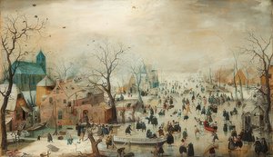与溜冰者的冬季风景。约于1608年