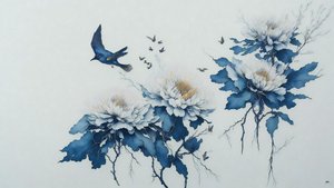 水墨画：蓝菊花_01