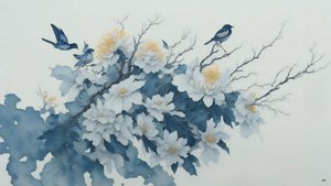 水墨画：蓝色菊花_02