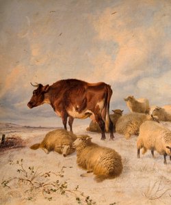 奶牛和绵羊在雪景，1864年