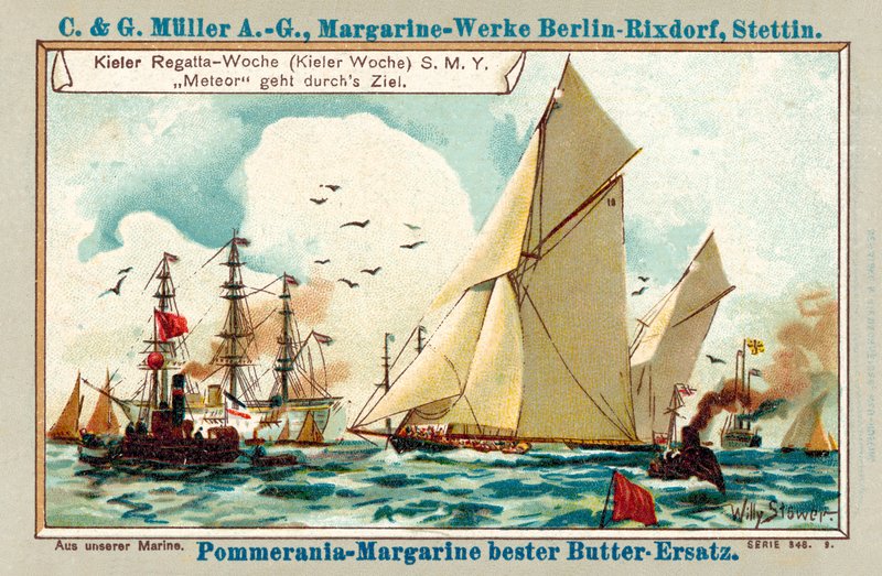 在基尔周帆船赛（chromolitho）期间，Kaiser的游艇Meteor越过终点线 作者 Stoewer Willy